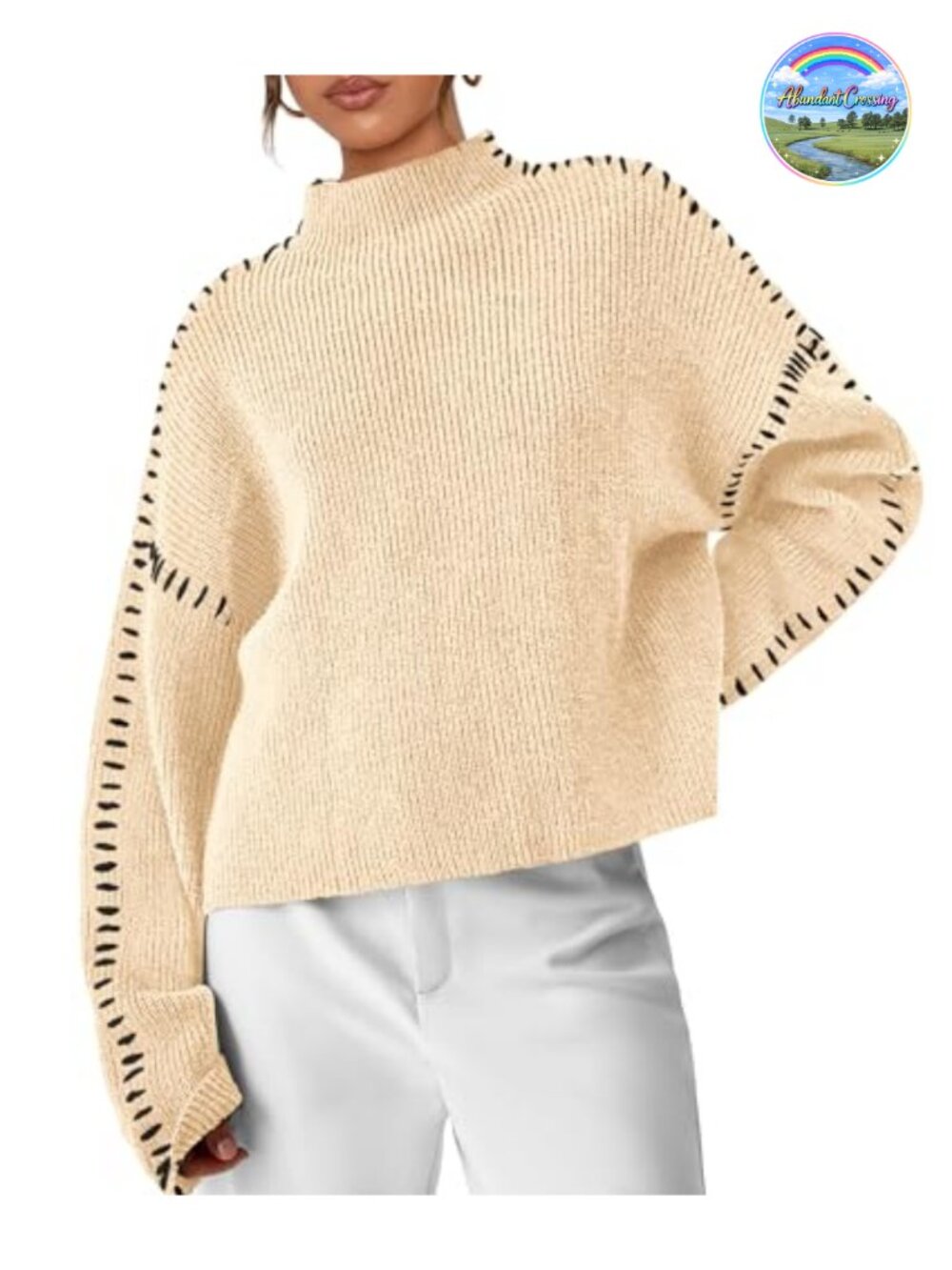 Womens Chunky Knit Oversized Pullover Sweater Mock Neck Ribbed Drop Shoulder